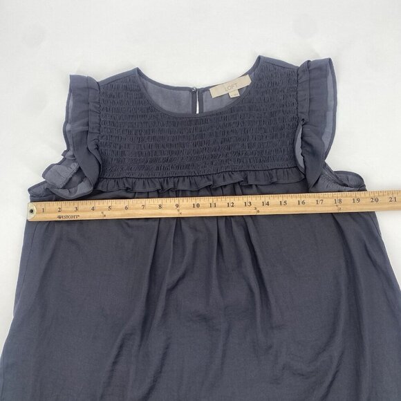 LOFT  Size M Gray Satin Sleeveless Smocked Ruffled Front Blouse - Picture 5 of 11